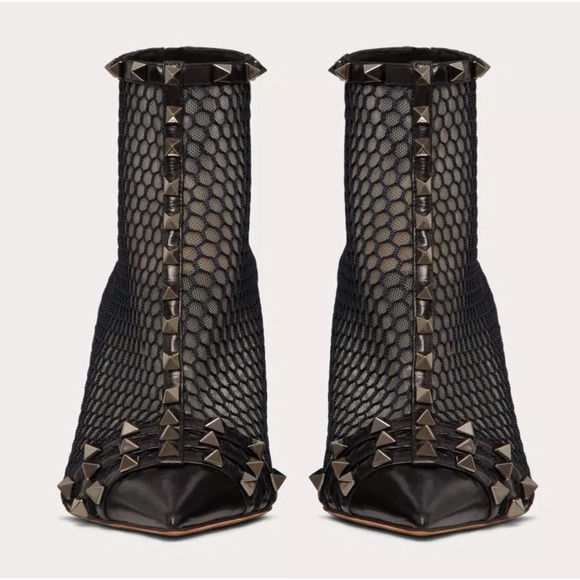 Valentino Rockstud Black Mesh Leather Stud Heel Pointed Toe Ankle Boot Bootie 37 - Picture 7 of 12